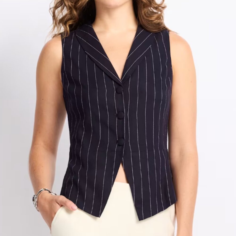Skies Are Blue Peplum Blazer Vest In Navy Pinstripe